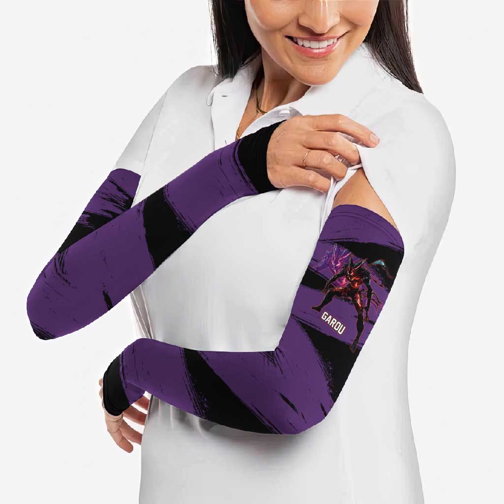 Garou One Punch Man Anime Purple and Black Theme Arm Sleeves with Hero and Monster Forms in Dynamic Battle Pose - The Mazicc