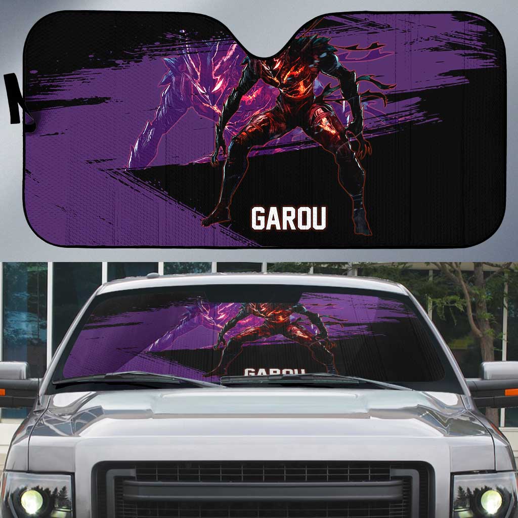 Garou One Punch Man Anime Purple and Black Theme Auto Sun Shade with Hero and Monster Forms in Dynamic Battle Pose - The Mazicc