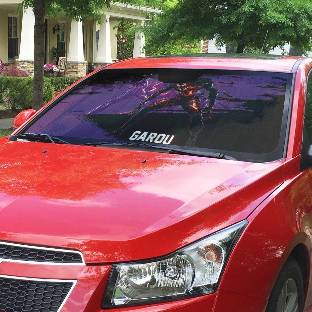 Garou One Punch Man Anime Purple and Black Theme Auto Sun Shade with Hero and Monster Forms in Dynamic Battle Pose - The Mazicc