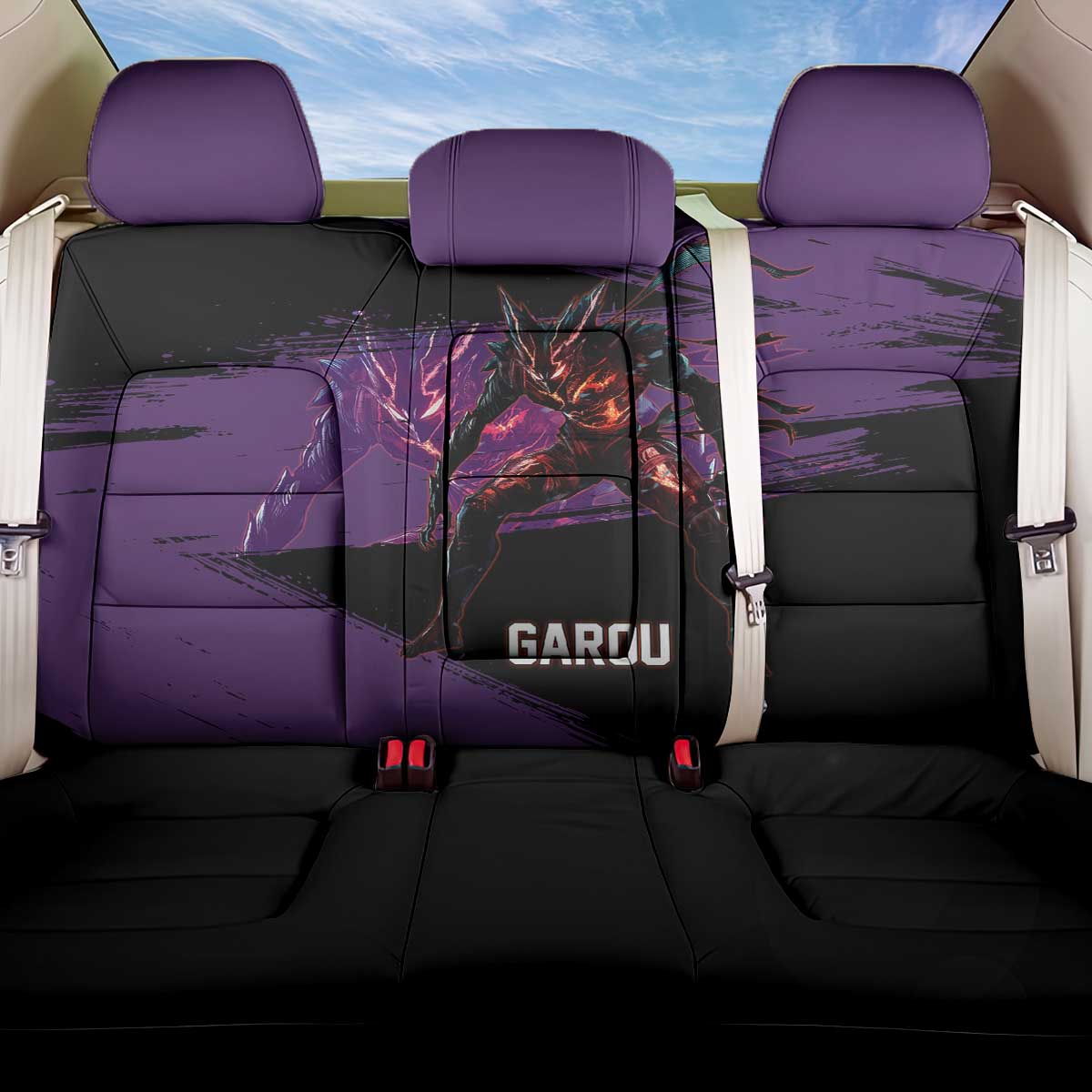 Garou One Punch Man Anime Purple and Black Theme Back Car Seat Cover with Hero and Monster Forms in Dynamic Battle Pose - The Mazicc