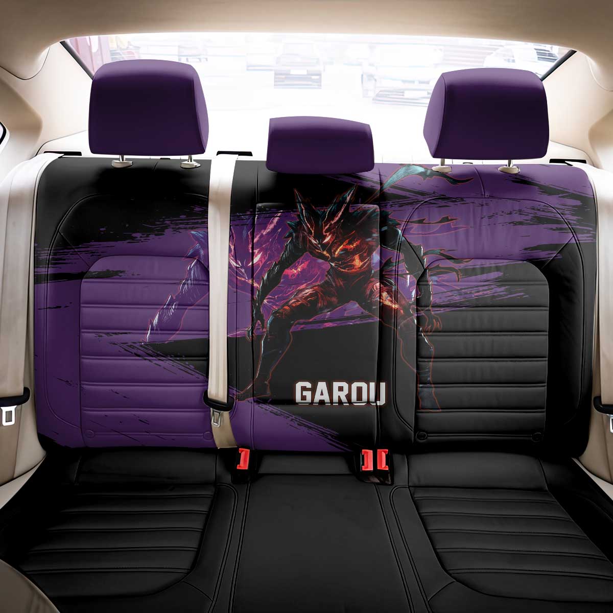 Garou One Punch Man Anime Purple and Black Theme Back Car Seat Cover with Hero and Monster Forms in Dynamic Battle Pose - The Mazicc