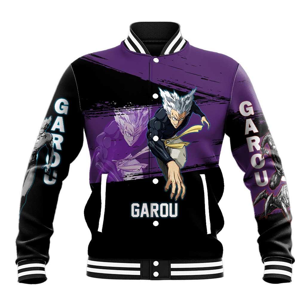 Garou One Punch Man Anime Purple and Black Theme Baseball Jacket with Hero and Monster Forms in Dynamic Battle Pose - The Mazicc