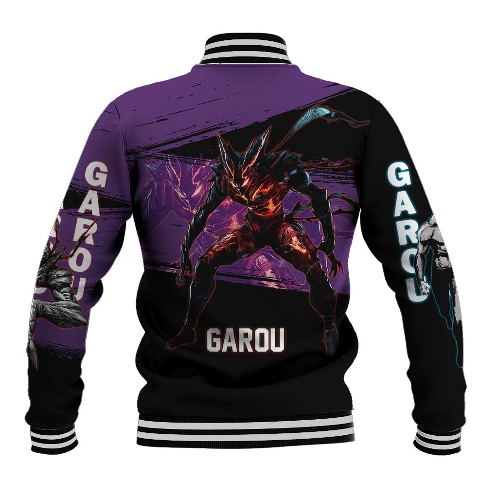 Garou One Punch Man Anime Purple and Black Theme Baseball Jacket with Hero and Monster Forms in Dynamic Battle Pose - The Mazicc