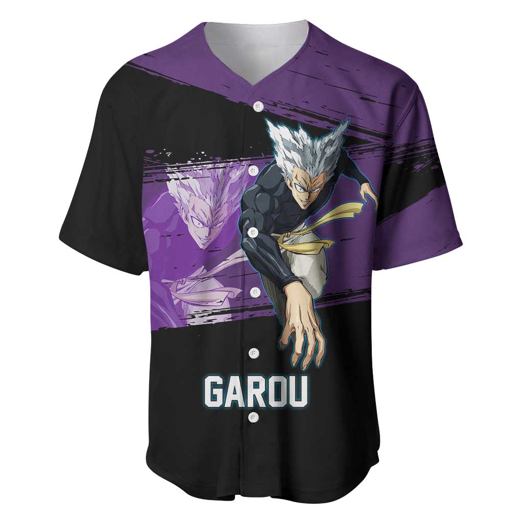 Garou One Punch Man Anime Purple and Black Theme Baseball Jersey with Hero and Monster Forms in Dynamic Battle Pose - The Mazicc