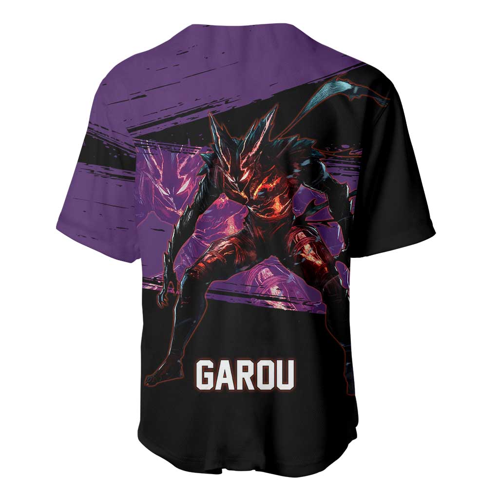 Garou One Punch Man Anime Purple and Black Theme Baseball Jersey with Hero and Monster Forms in Dynamic Battle Pose - The Mazicc
