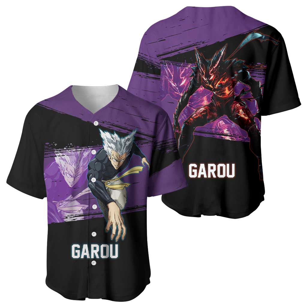 Garou One Punch Man Anime Purple and Black Theme Baseball Jersey with Hero and Monster Forms in Dynamic Battle Pose - The Mazicc