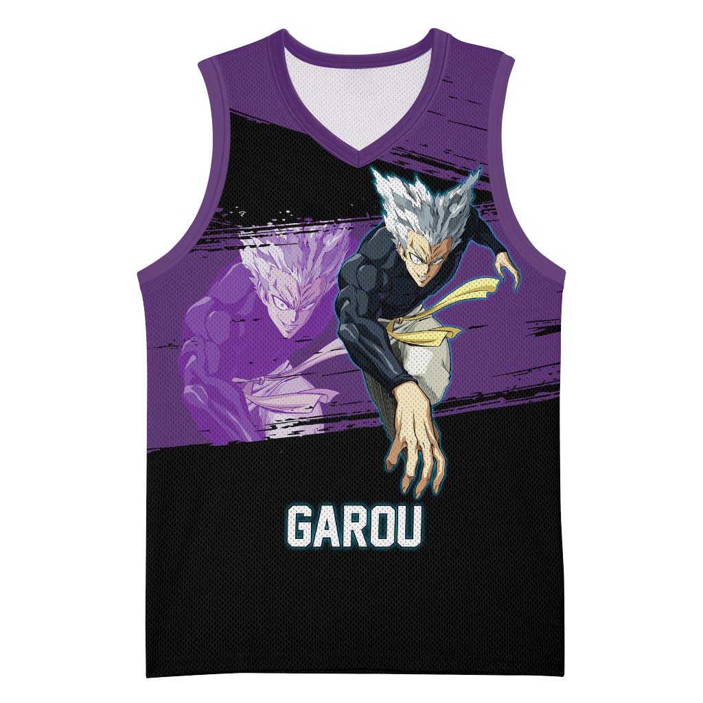 Garou One Punch Man Anime Purple and Black Theme Basketball Jersey with Hero and Monster Forms in Dynamic Battle Pose - The Mazicc