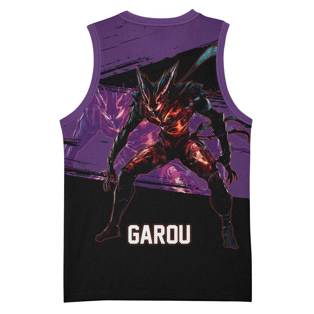 Garou One Punch Man Anime Purple and Black Theme Basketball Jersey with Hero and Monster Forms in Dynamic Battle Pose - The Mazicc