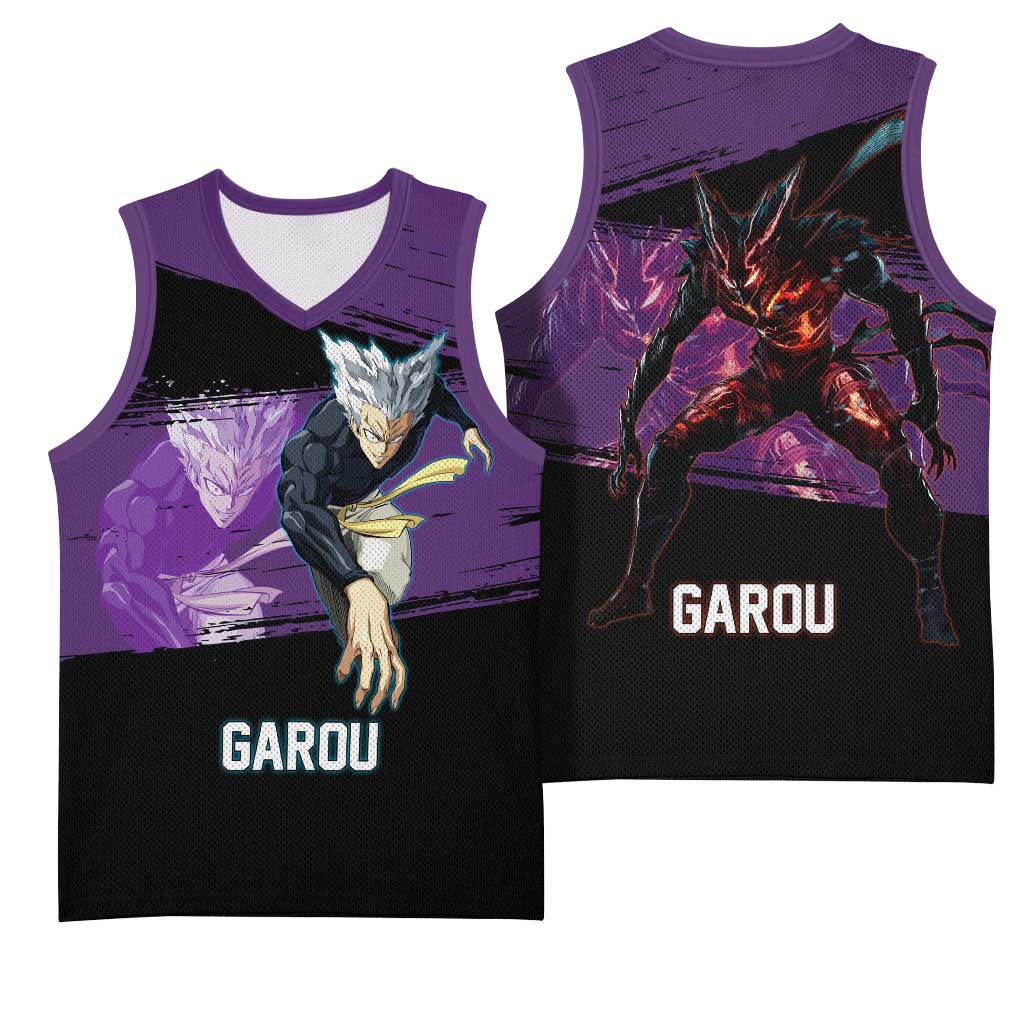 Garou One Punch Man Anime Purple and Black Theme Basketball Jersey with Hero and Monster Forms in Dynamic Battle Pose - The Mazicc