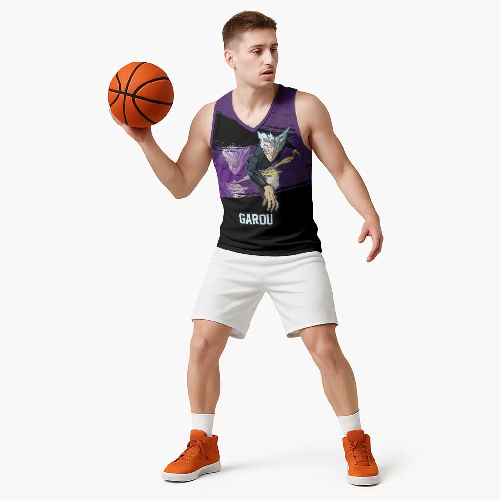 Garou One Punch Man Anime Purple and Black Theme Basketball Jersey with Hero and Monster Forms in Dynamic Battle Pose - The Mazicc
