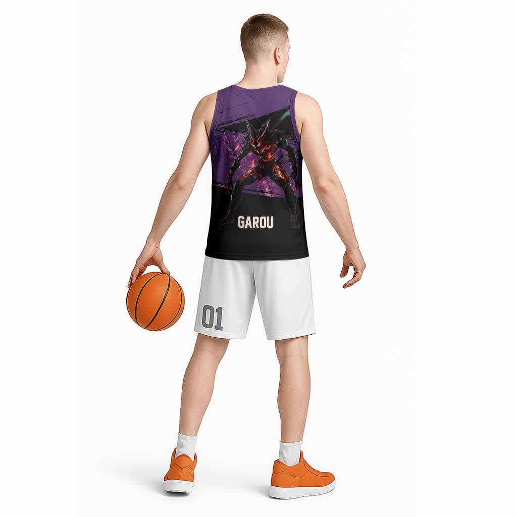 Garou One Punch Man Anime Purple and Black Theme Basketball Jersey with Hero and Monster Forms in Dynamic Battle Pose - The Mazicc