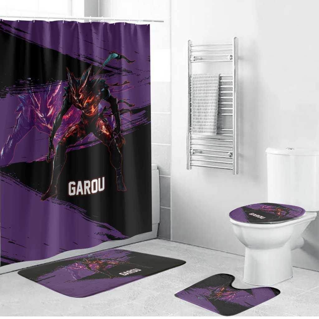 Garou One Punch Man Anime Purple and Black Theme Bathroom Set with Hero and Monster Forms in Dynamic Battle Pose - The Mazicc