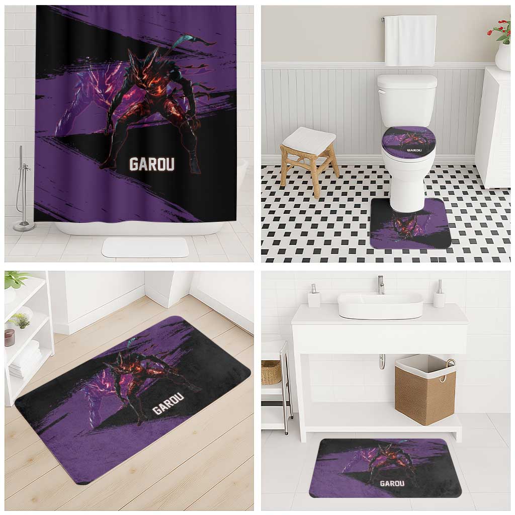 Garou One Punch Man Anime Purple and Black Theme Bathroom Set with Hero and Monster Forms in Dynamic Battle Pose - The Mazicc