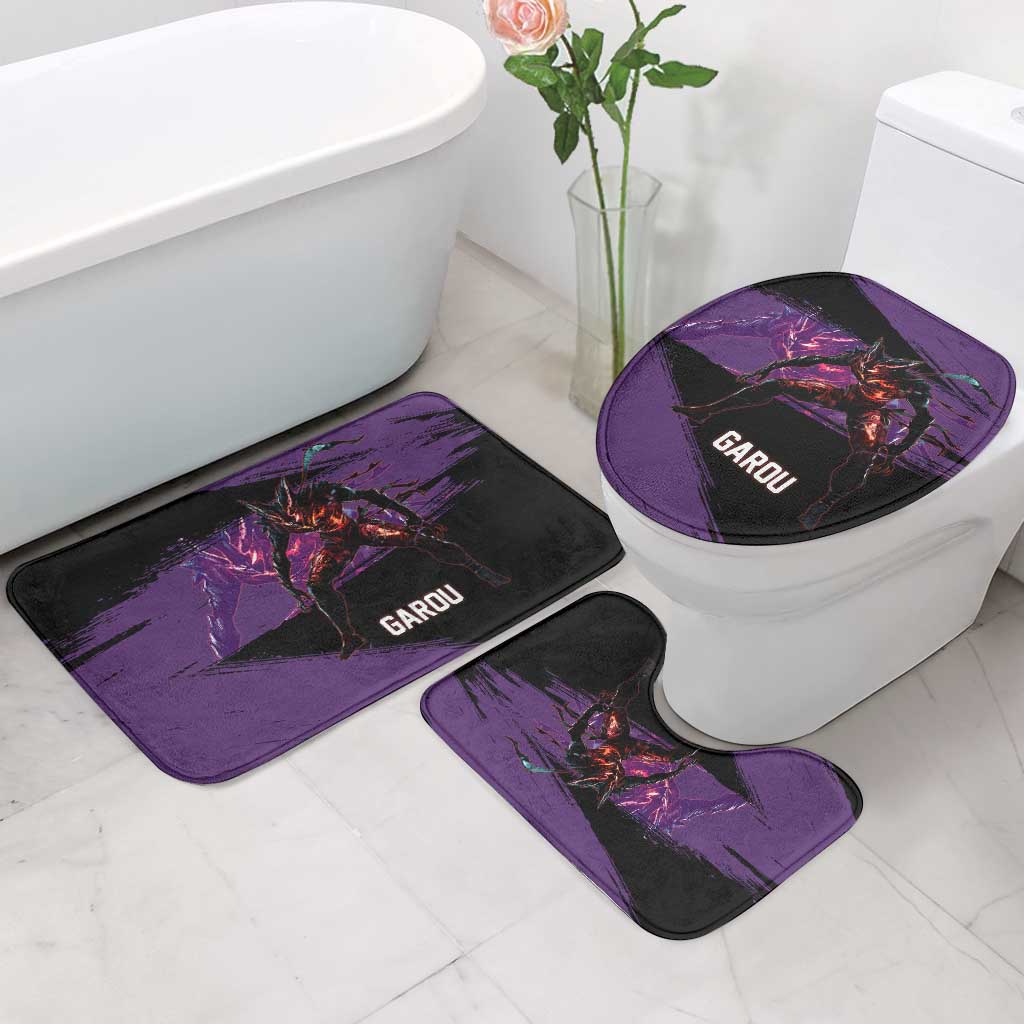 Garou One Punch Man Anime Purple and Black Theme Bathroom Set with Hero and Monster Forms in Dynamic Battle Pose - The Mazicc