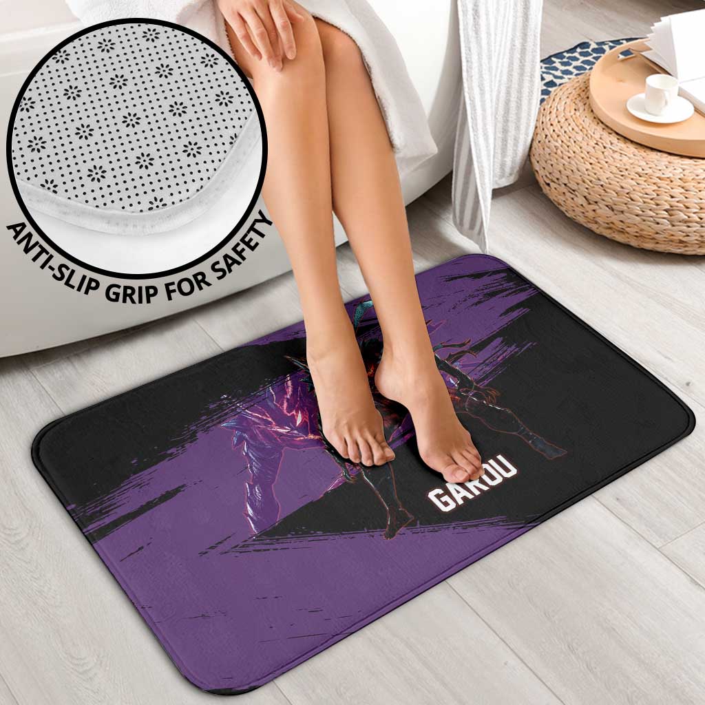 Garou One Punch Man Anime Purple and Black Theme Bathroom Set with Hero and Monster Forms in Dynamic Battle Pose - The Mazicc