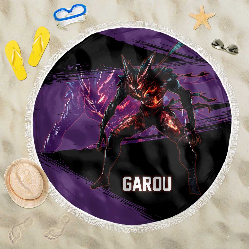 Garou One Punch Man Anime Purple and Black Theme Beach Blanket with Hero and Monster Forms in Dynamic Battle Pose - The Mazicc