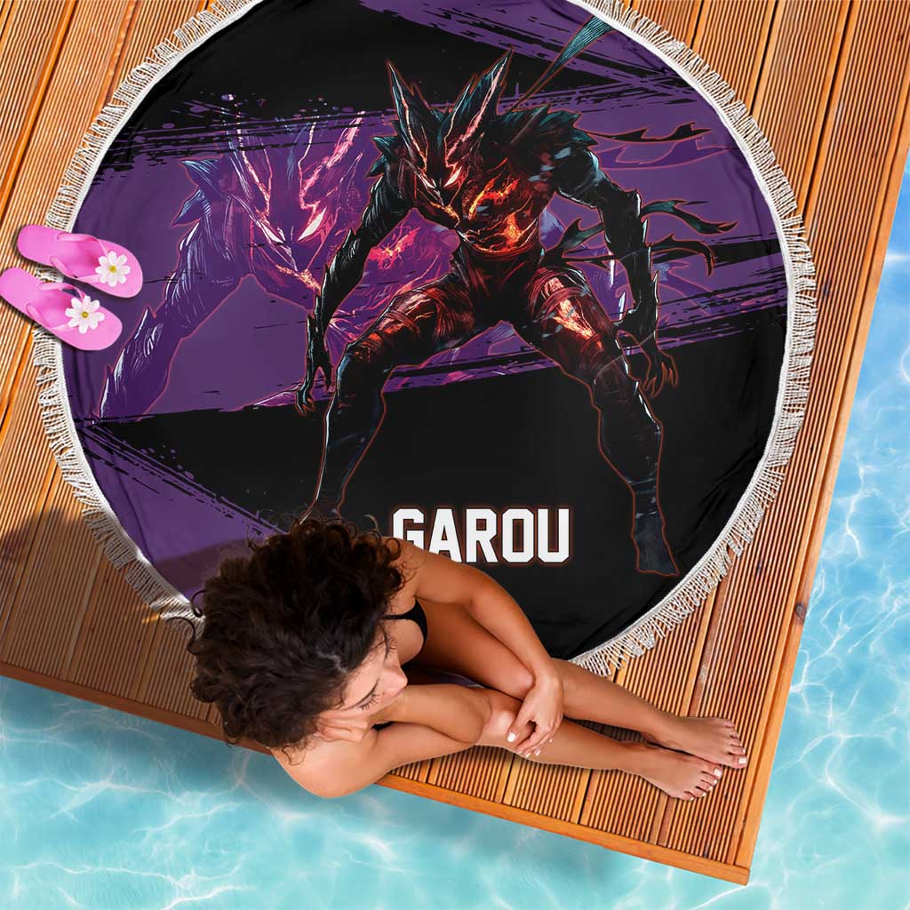 Garou One Punch Man Anime Purple and Black Theme Beach Blanket with Hero and Monster Forms in Dynamic Battle Pose - The Mazicc