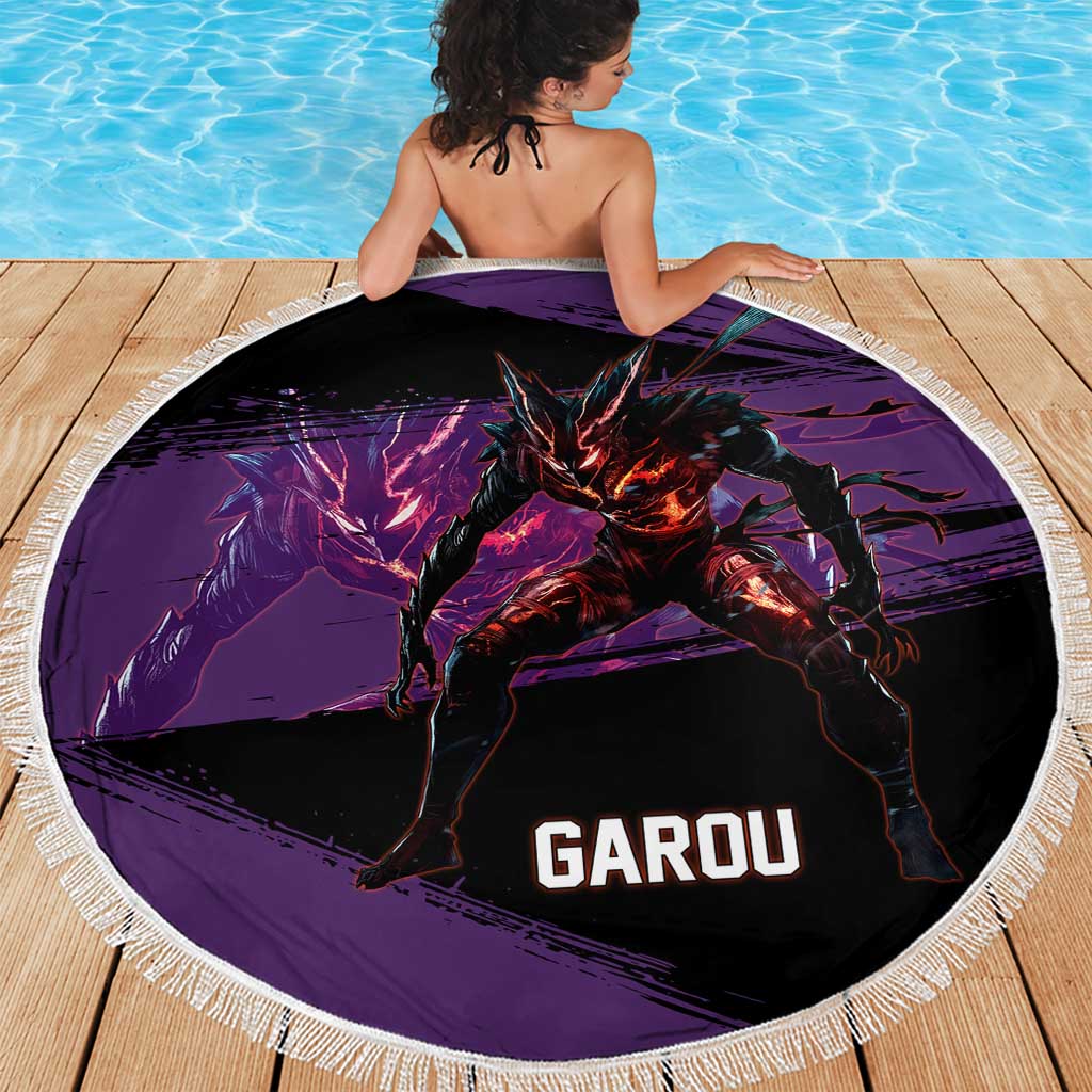 Garou One Punch Man Anime Purple and Black Theme Beach Blanket with Hero and Monster Forms in Dynamic Battle Pose - The Mazicc
