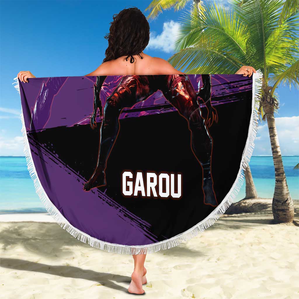 Garou One Punch Man Anime Purple and Black Theme Beach Blanket with Hero and Monster Forms in Dynamic Battle Pose - The Mazicc