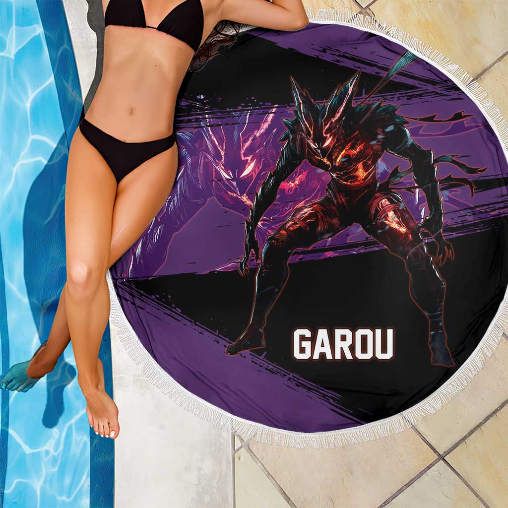 Garou One Punch Man Anime Purple and Black Theme Beach Blanket with Hero and Monster Forms in Dynamic Battle Pose - The Mazicc