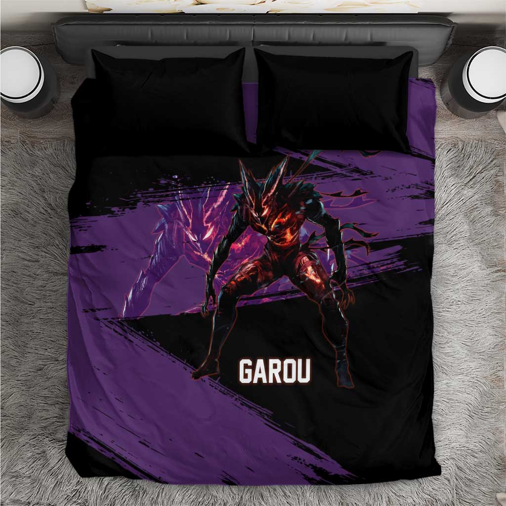 Garou One Punch Man Anime Purple and Black Theme Bedding Set with Hero and Monster Forms in Dynamic Battle Pose - The Mazicc