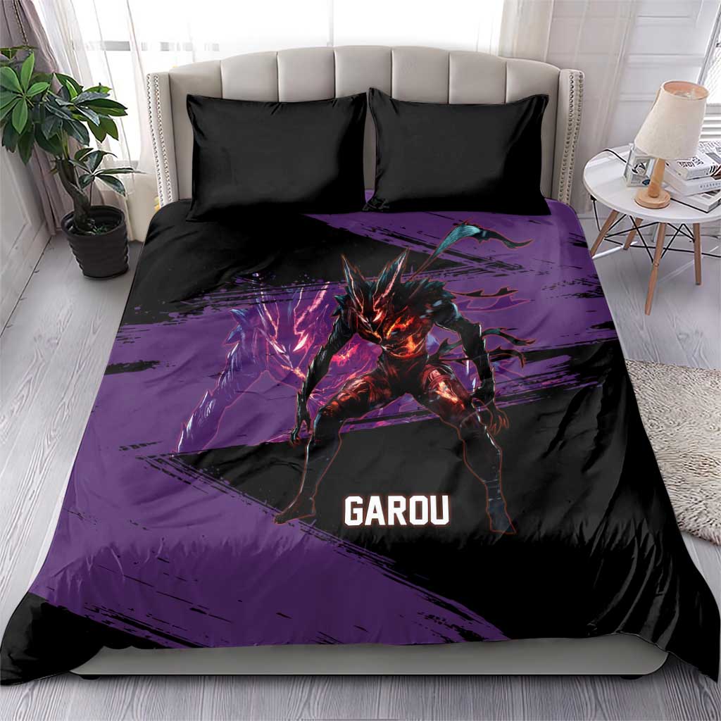 Garou One Punch Man Anime Purple and Black Theme Bedding Set with Hero and Monster Forms in Dynamic Battle Pose - The Mazicc