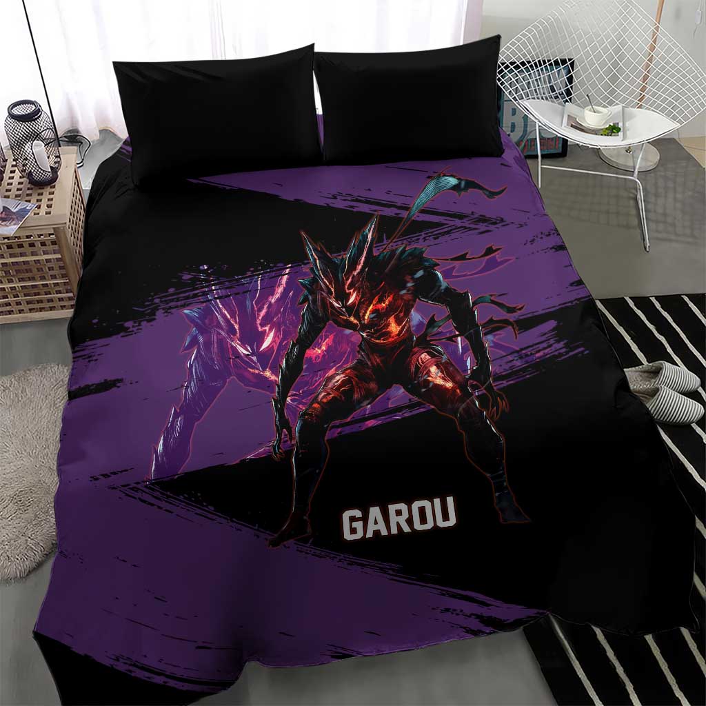 Garou One Punch Man Anime Purple and Black Theme Bedding Set with Hero and Monster Forms in Dynamic Battle Pose - The Mazicc