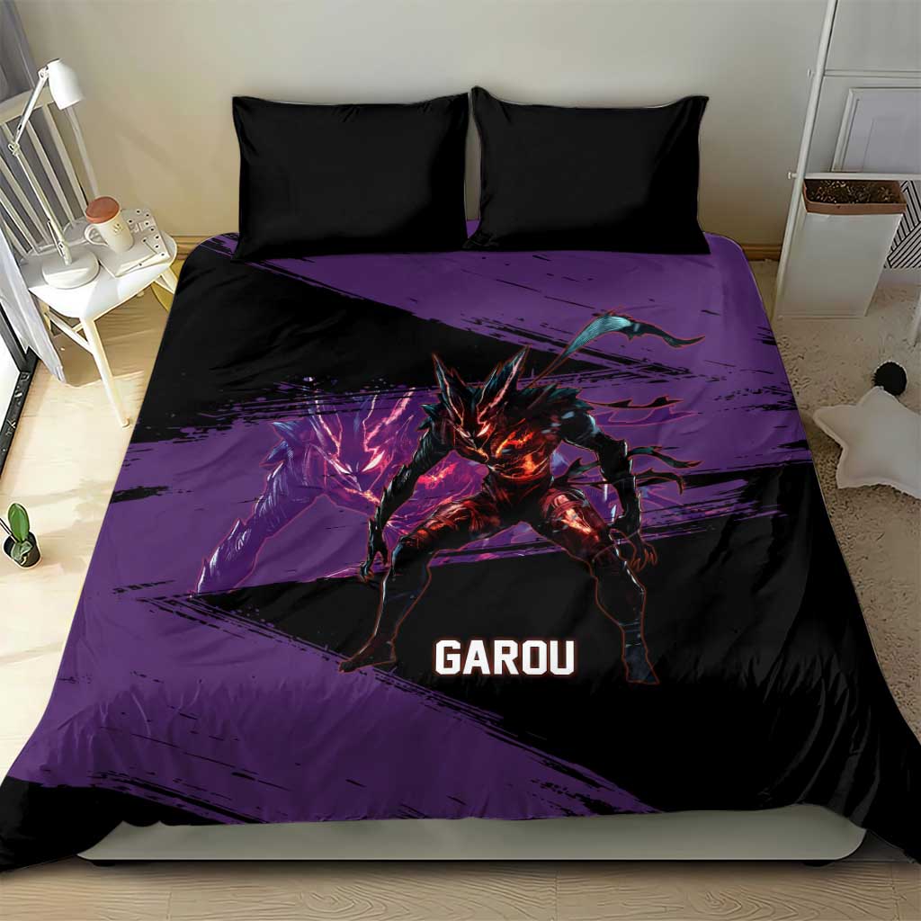 Garou One Punch Man Anime Purple and Black Theme Bedding Set with Hero and Monster Forms in Dynamic Battle Pose - The Mazicc