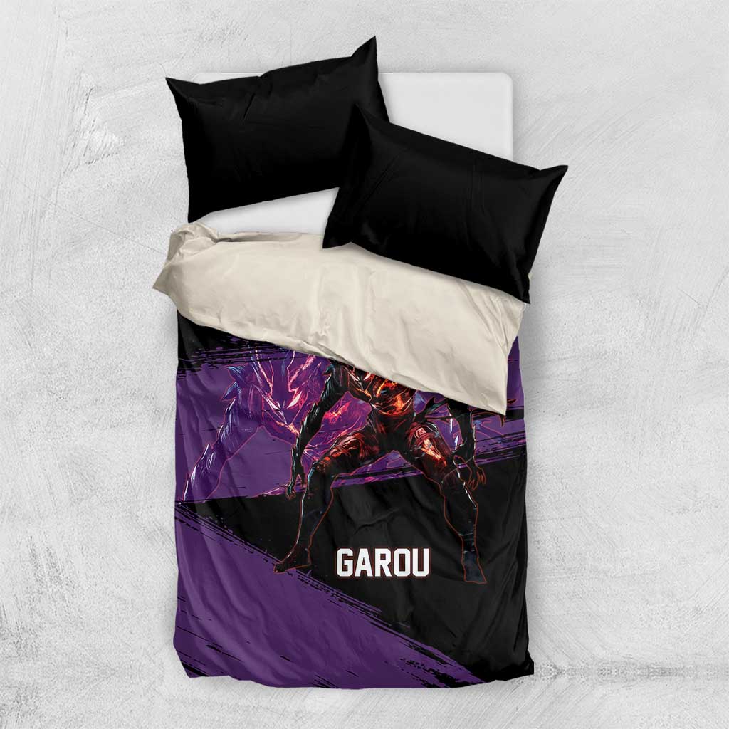 Garou One Punch Man Anime Purple and Black Theme Bedding Set with Hero and Monster Forms in Dynamic Battle Pose - The Mazicc