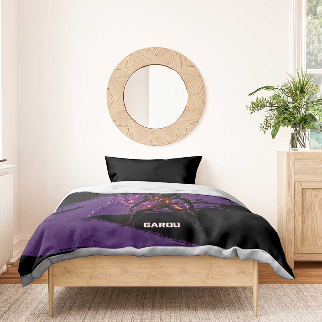 Garou One Punch Man Anime Purple and Black Theme Bedding Set with Hero and Monster Forms in Dynamic Battle Pose - The Mazicc