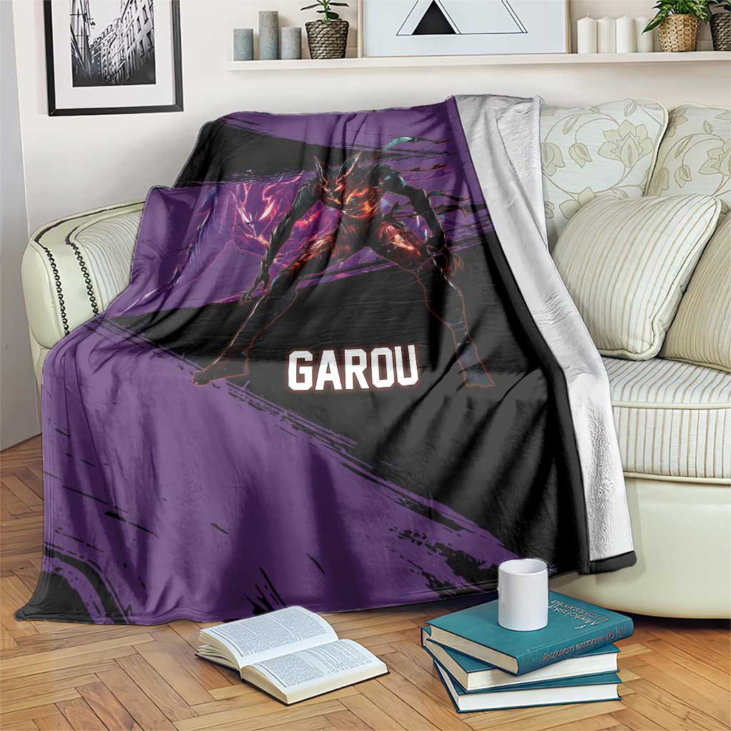 Garou One Punch Man Anime Purple and Black Theme Blanket with Hero and Monster Forms in Dynamic Battle Pose - The Mazicc