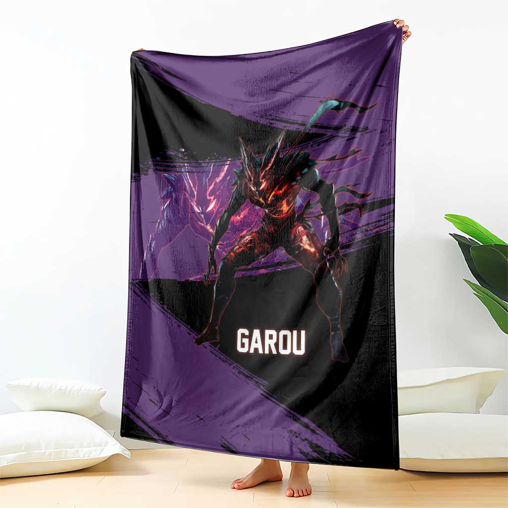 Garou One Punch Man Anime Purple and Black Theme Blanket with Hero and Monster Forms in Dynamic Battle Pose - The Mazicc