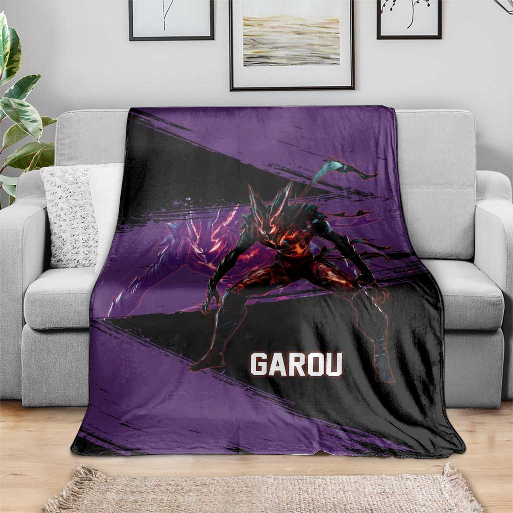 Garou One Punch Man Anime Purple and Black Theme Blanket with Hero and Monster Forms in Dynamic Battle Pose - The Mazicc
