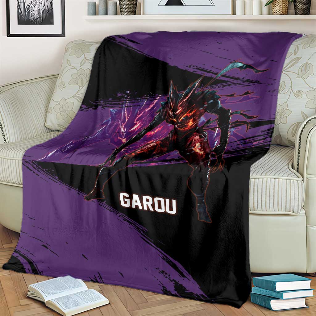 Garou One Punch Man Anime Purple and Black Theme Blanket with Hero and Monster Forms in Dynamic Battle Pose - The Mazicc