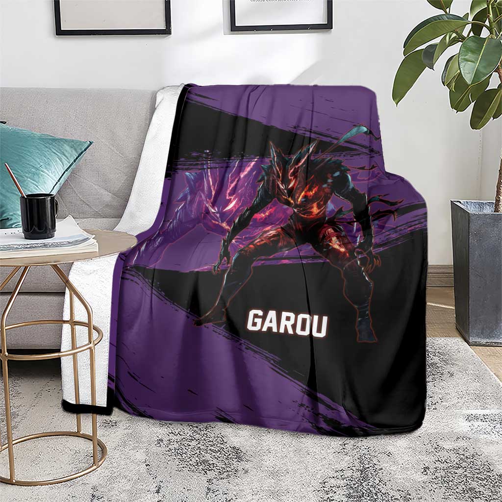 Garou One Punch Man Anime Purple and Black Theme Blanket with Hero and Monster Forms in Dynamic Battle Pose - The Mazicc