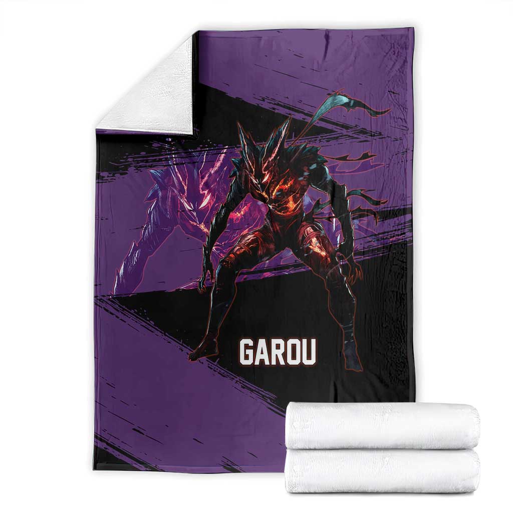 Garou One Punch Man Anime Purple and Black Theme Blanket with Hero and Monster Forms in Dynamic Battle Pose - The Mazicc