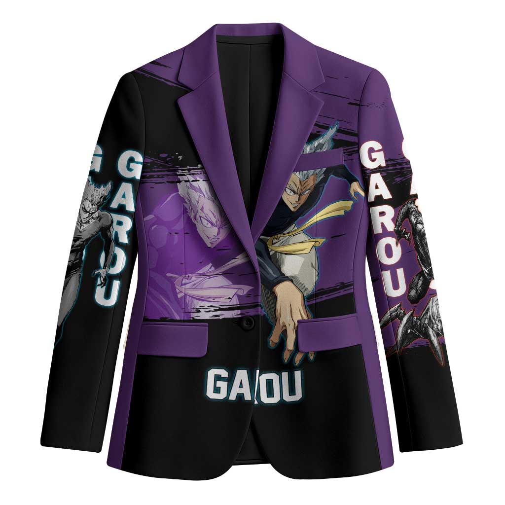 Garou One Punch Man Anime Purple and Black Theme Blazer with Hero and Monster Forms in Dynamic Battle Pose - The Mazicc