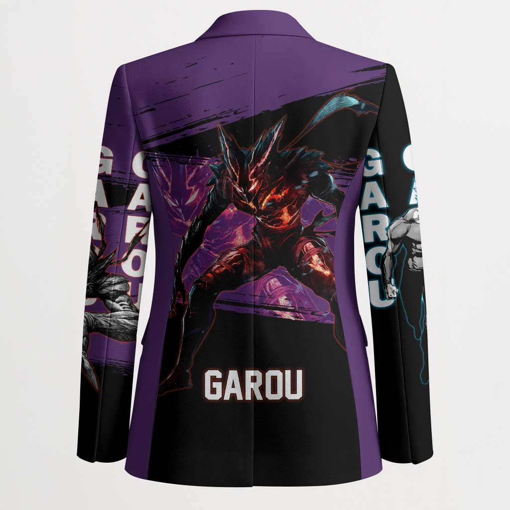 Garou One Punch Man Anime Purple and Black Theme Blazer with Hero and Monster Forms in Dynamic Battle Pose - The Mazicc