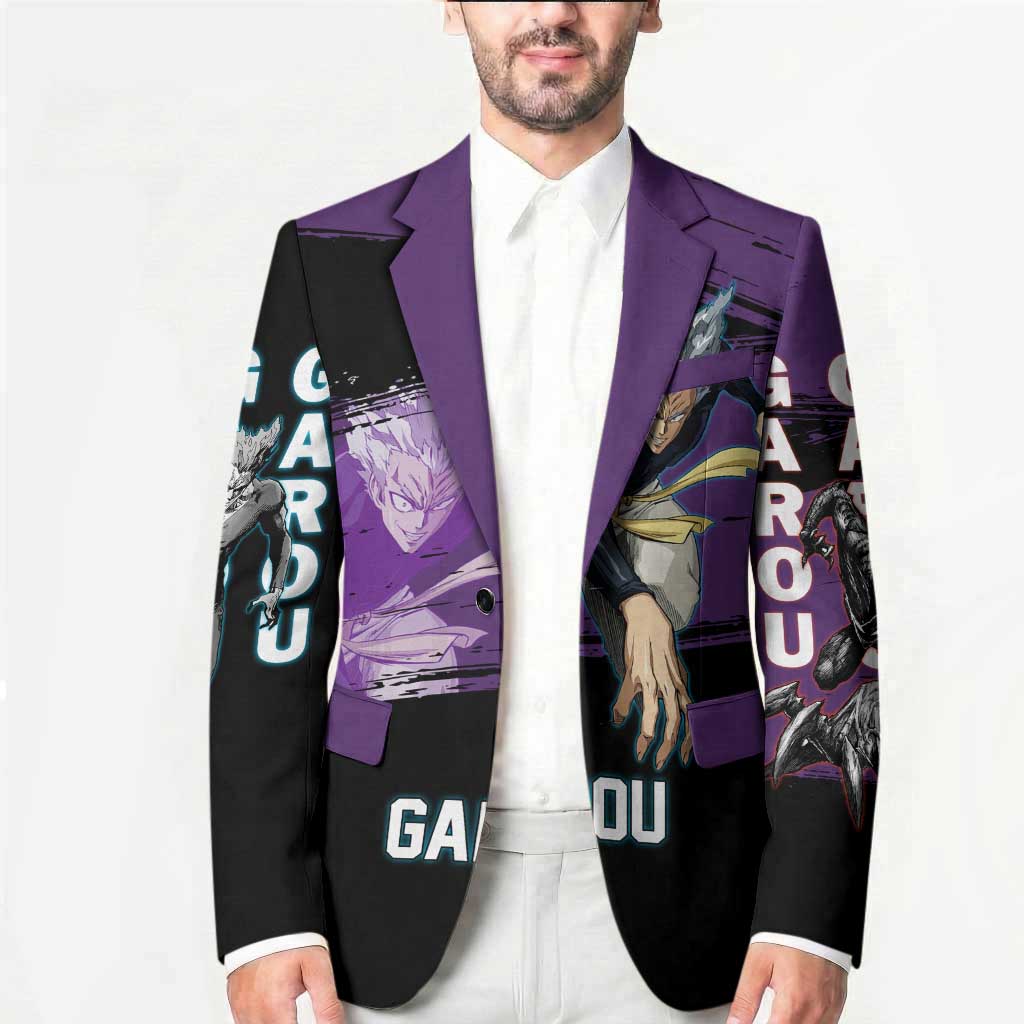 Garou One Punch Man Anime Purple and Black Theme Blazer with Hero and Monster Forms in Dynamic Battle Pose - The Mazicc