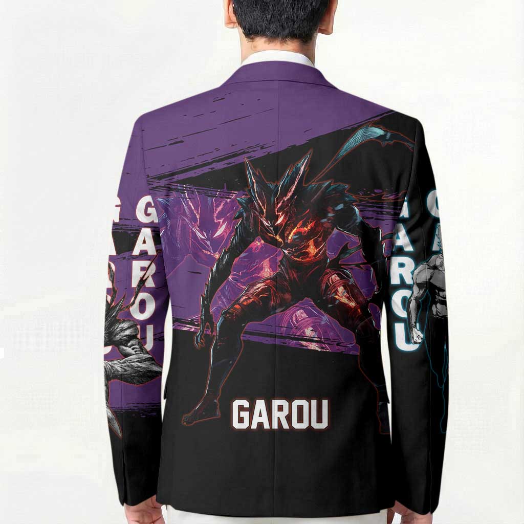 Garou One Punch Man Anime Purple and Black Theme Blazer with Hero and Monster Forms in Dynamic Battle Pose - The Mazicc