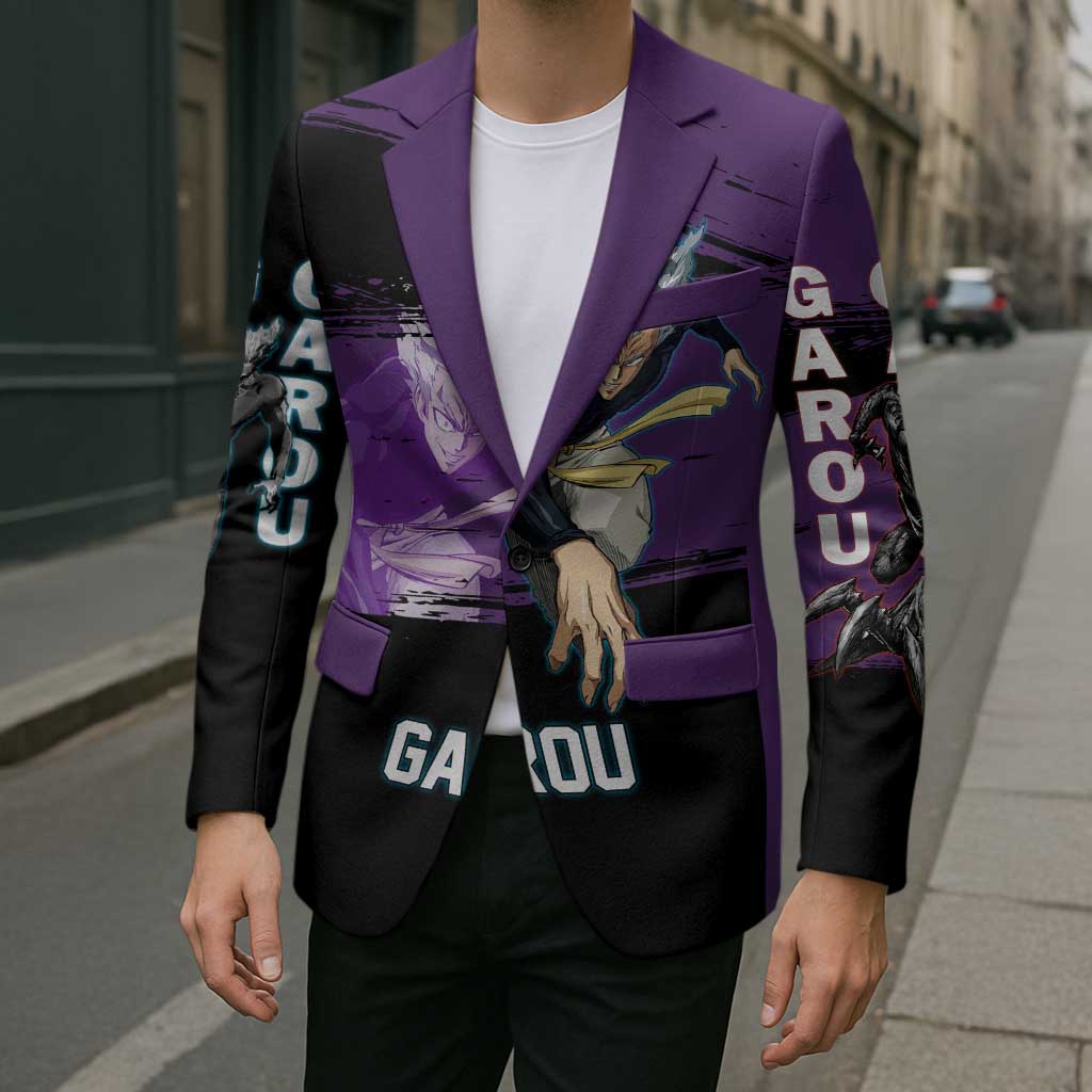 Garou One Punch Man Anime Purple and Black Theme Blazer with Hero and Monster Forms in Dynamic Battle Pose - The Mazicc