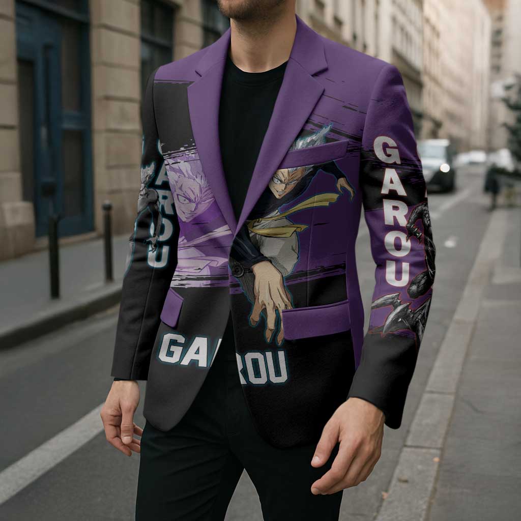 Garou One Punch Man Anime Purple and Black Theme Blazer with Hero and Monster Forms in Dynamic Battle Pose - The Mazicc