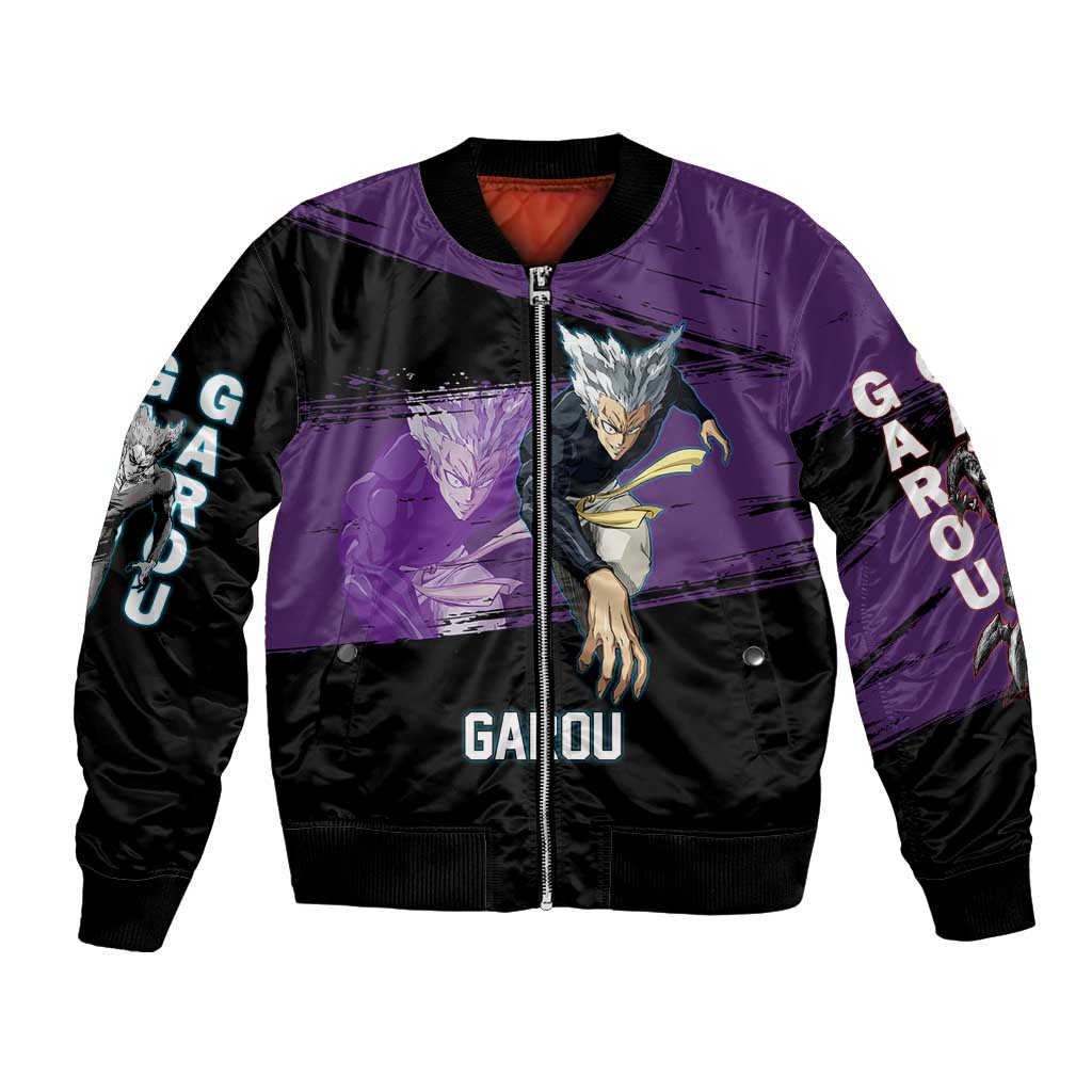 Garou One Punch Man Anime Purple and Black Theme Bomber Jacket with Hero and Monster Forms in Dynamic Battle Pose - The Mazicc
