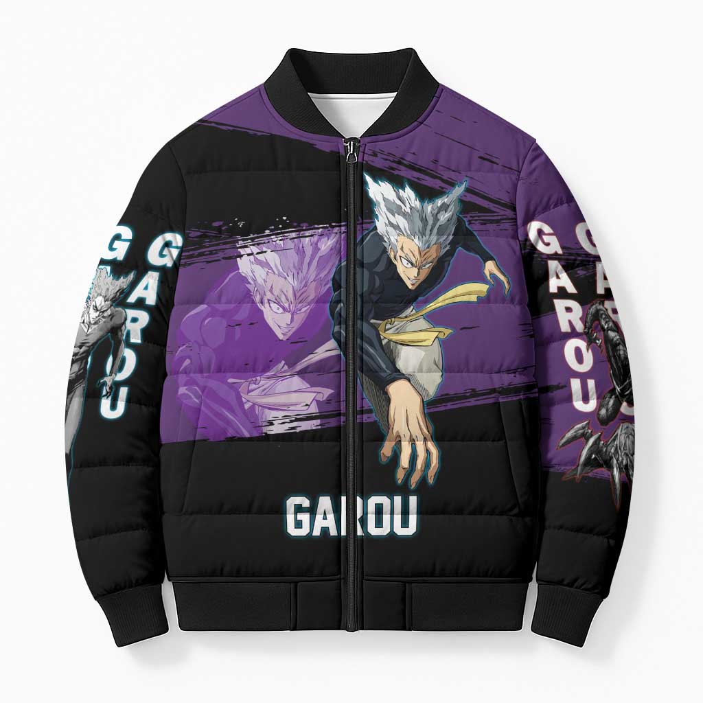 Garou One Punch Man Anime Purple and Black Theme Bomber Puffer Jacket with Hero and Monster Forms in Dynamic Battle Pose - The Mazicc