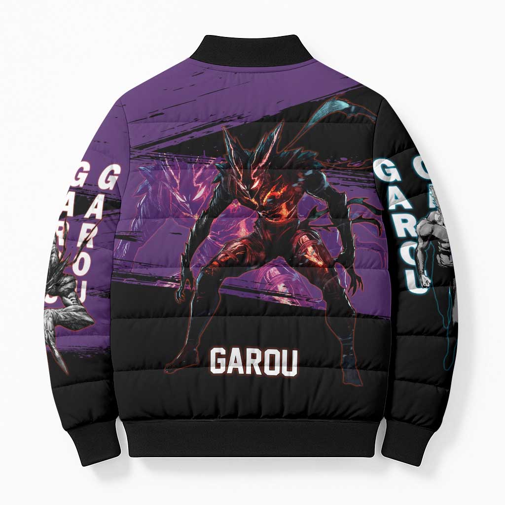 Garou One Punch Man Anime Purple and Black Theme Bomber Puffer Jacket with Hero and Monster Forms in Dynamic Battle Pose - The Mazicc