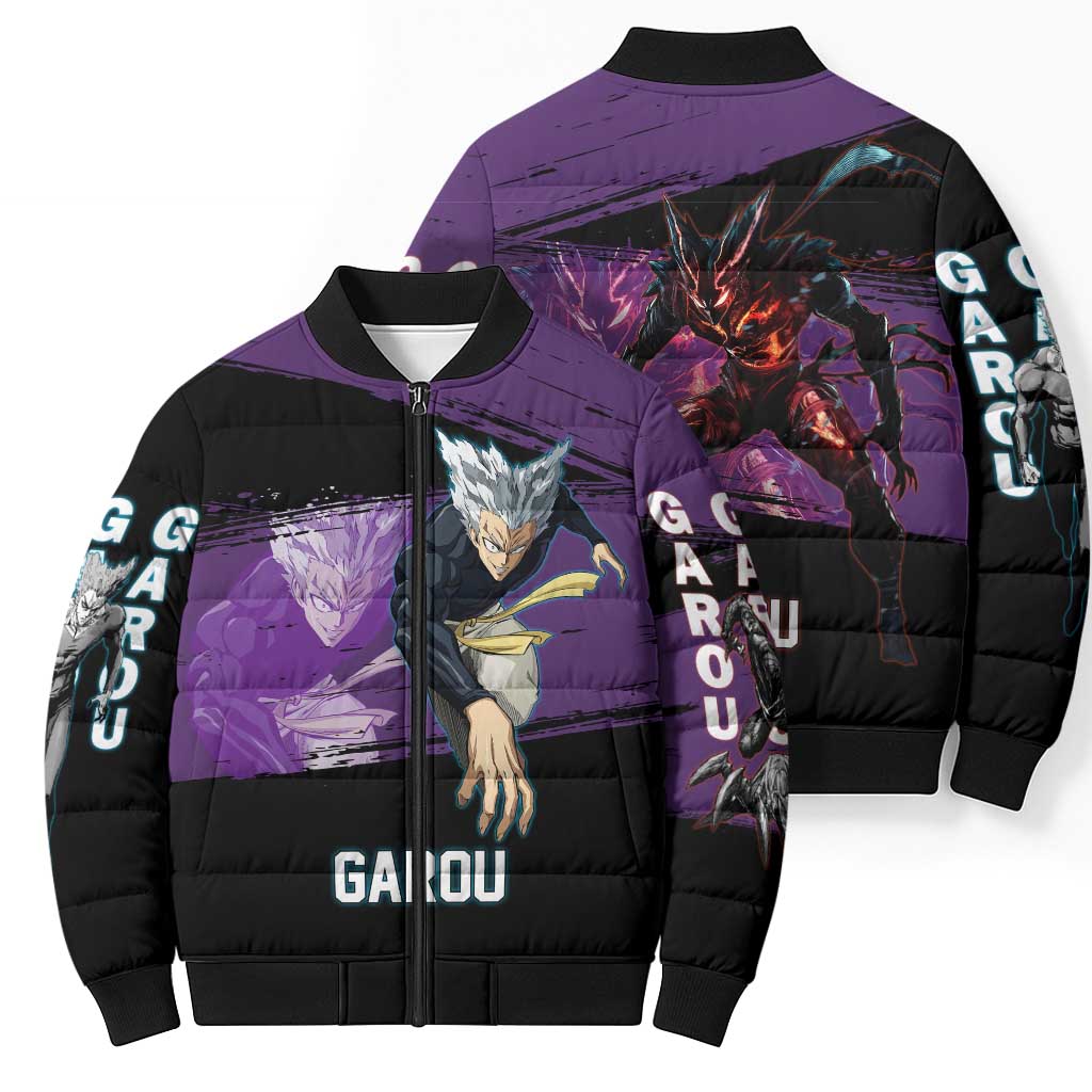 Garou One Punch Man Anime Purple and Black Theme Bomber Puffer Jacket with Hero and Monster Forms in Dynamic Battle Pose - The Mazicc
