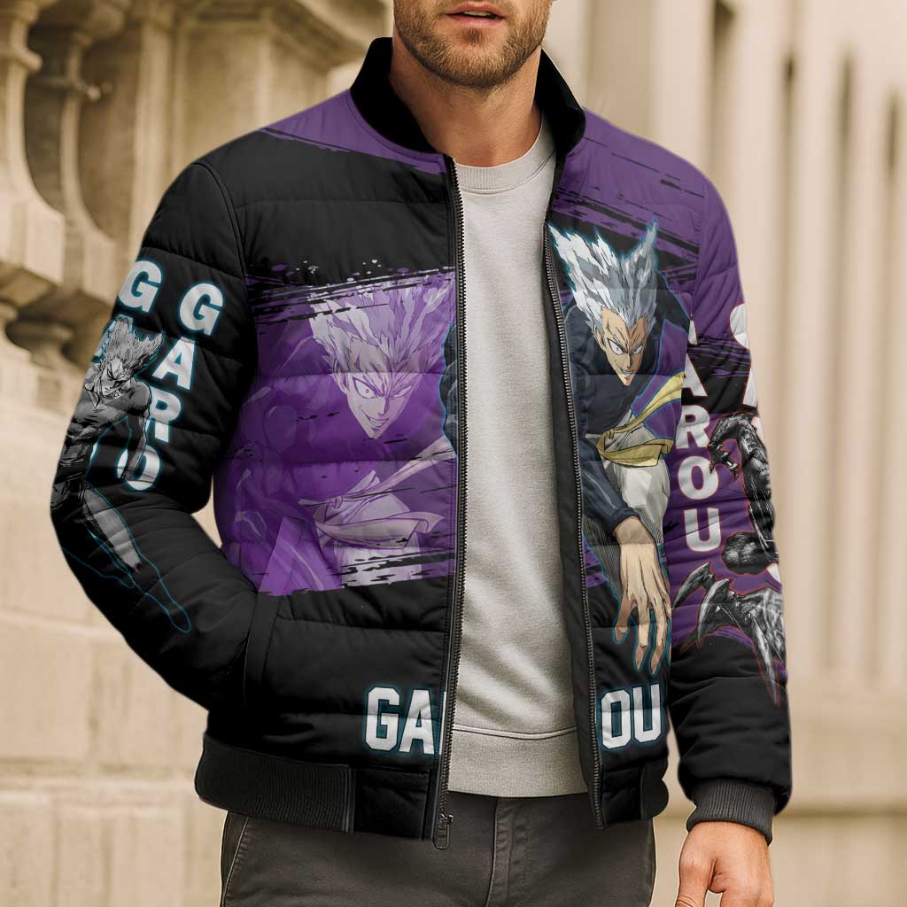 Garou One Punch Man Anime Purple and Black Theme Bomber Puffer Jacket with Hero and Monster Forms in Dynamic Battle Pose - The Mazicc