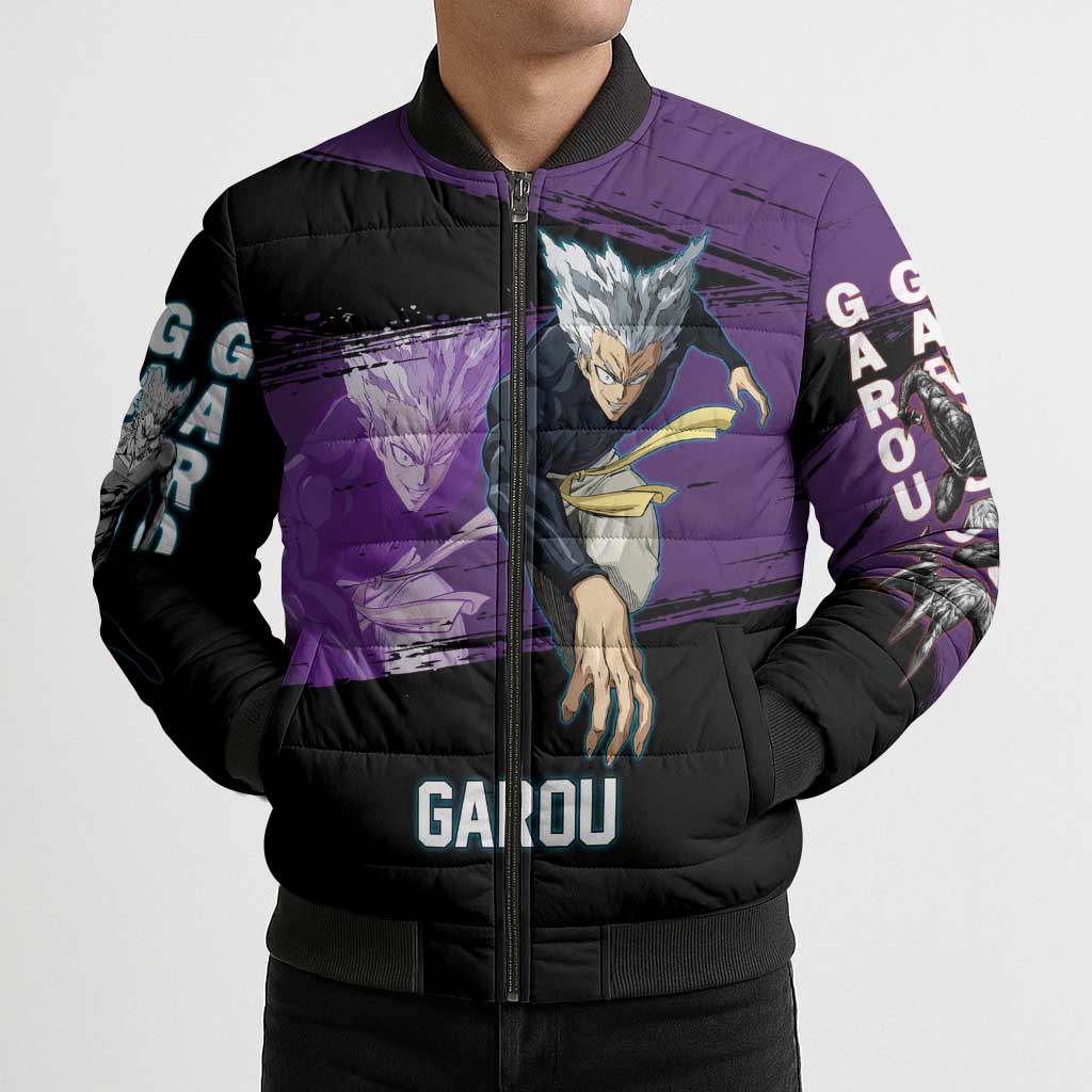 Garou One Punch Man Anime Purple and Black Theme Bomber Puffer Jacket with Hero and Monster Forms in Dynamic Battle Pose - The Mazicc