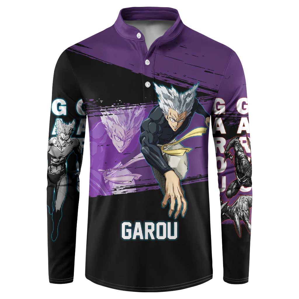 Garou One Punch Man Anime Purple and Black Theme Button Sweatshirt with Hero and Monster Forms in Dynamic Battle Pose - The Mazicc