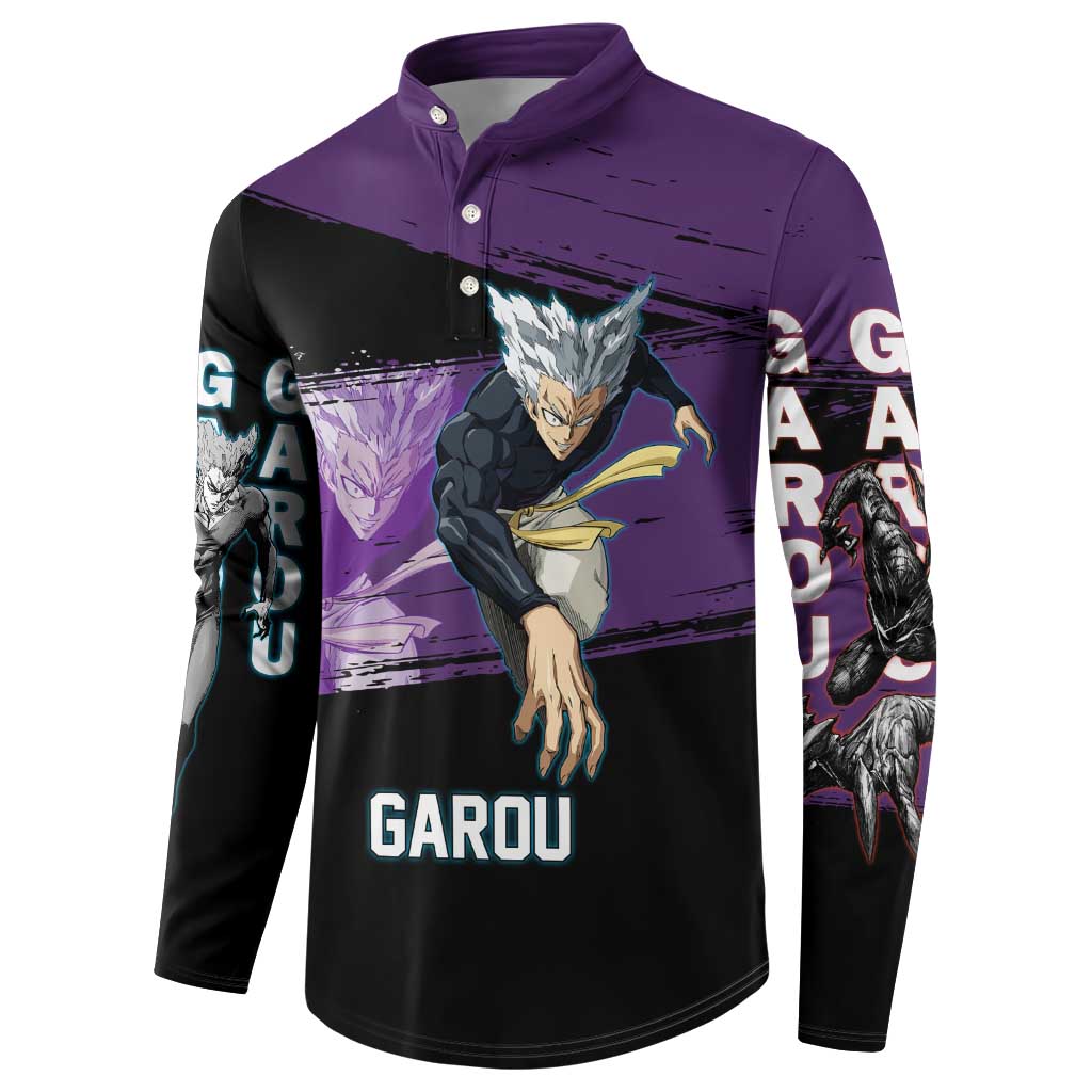 Garou One Punch Man Anime Purple and Black Theme Button Sweatshirt with Hero and Monster Forms in Dynamic Battle Pose - The Mazicc